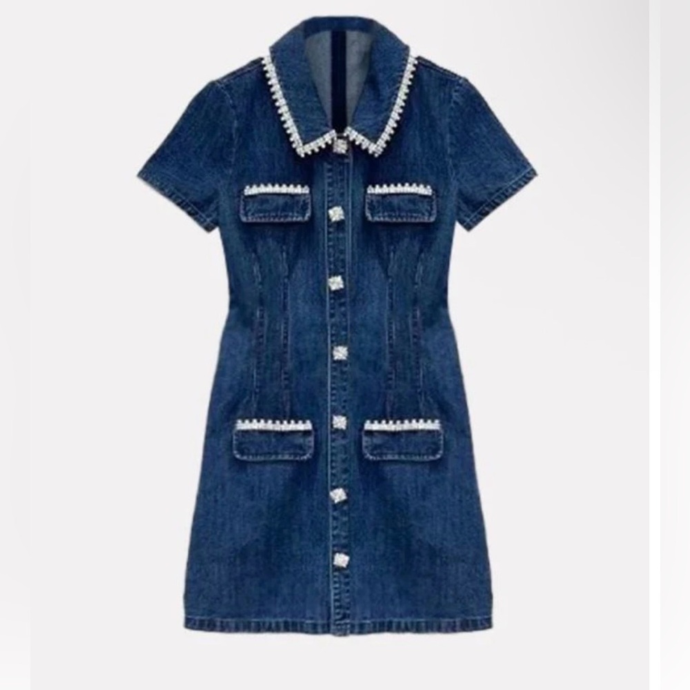 JESSICA BARA CRYSTAL COLLAR/BUTTON MINI BLUE DENIM DRESS SIZE M